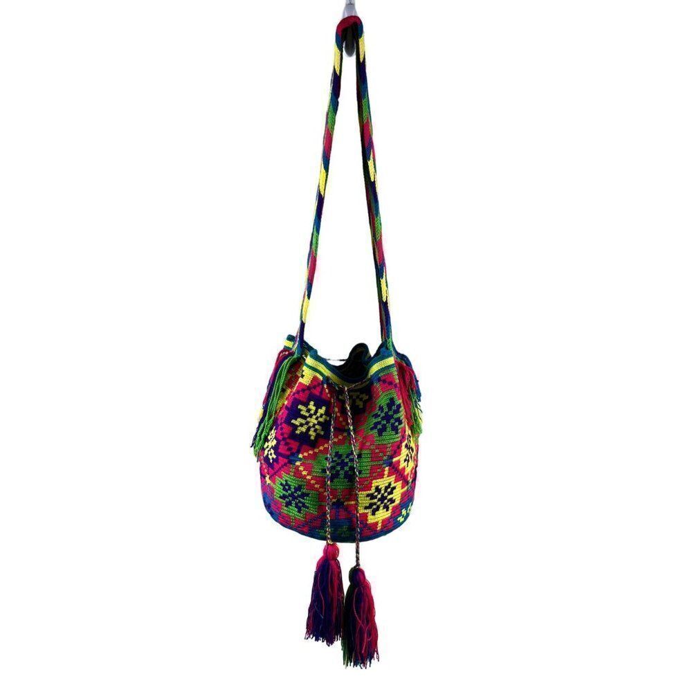 Wuitusu Columbian Handmade Wayuu Mochila Crossbody Bucket Bag Tassels Colorful